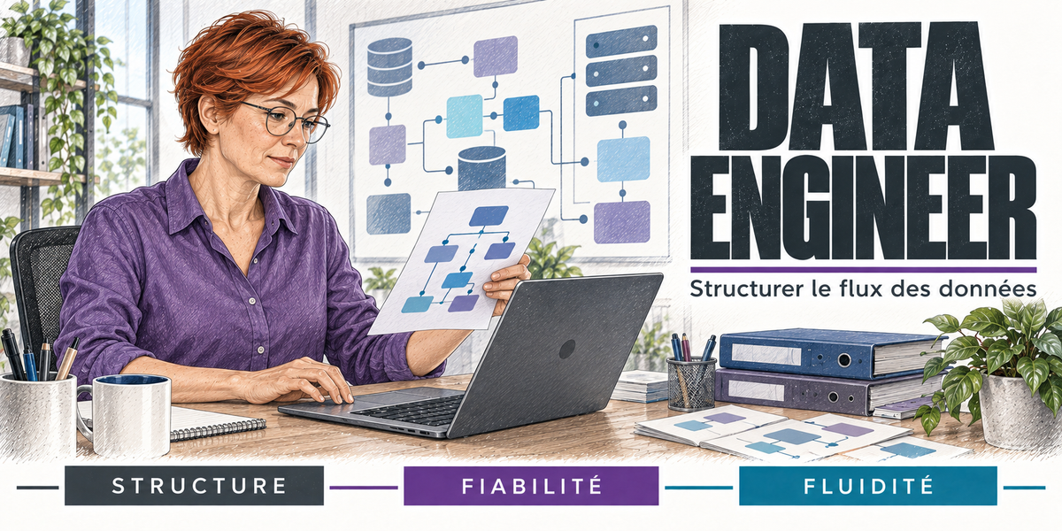 Design du mug Data Engineer Femme : titre en capitales noires, la data engineer rousse à lunettes en chemise violette, assise à son ordinateur portable, une feuille de schéma de pipeline à la main, les classeurs bleus, le mug et le tableau de blocs reliés derrière elle, cartouches Structure, Fiabilité, Fluidité
