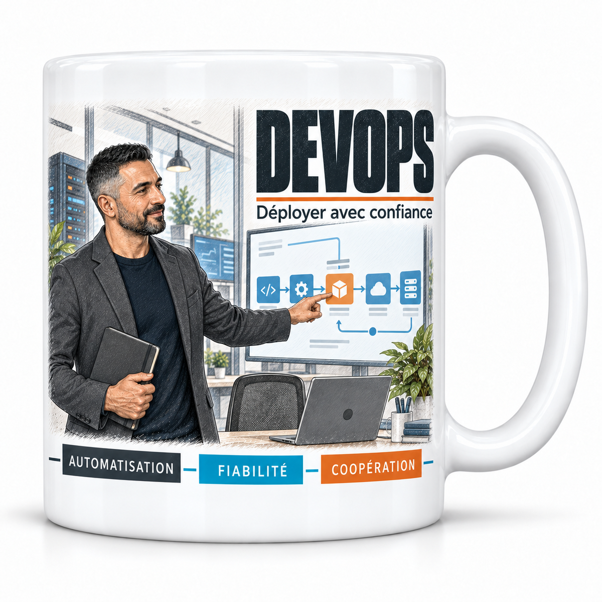 Mug céramique blanc DevOps : l'ingénieur DevOps barbu en veste sombre sur un tee-shirt noir, devise Déployer avec confiance, cartouches Automatisation, Fiabilité, Coopération