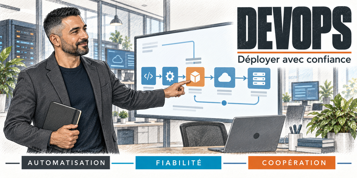 Design du mug DevOps : titre en capitales noires, l'ingénieur DevOps barbu en veste sombre sur un tee-shirt noir, un carnet sous le bras, qui pointe sur l'écran la chaîne d'intégration continue, code, engrenage, conteneur, nuage et serveurs reliés par des flèches, les baies de serveurs et l'ordinateur portable du bureau, cartouches Automatisation, Fiabilité, Coopération