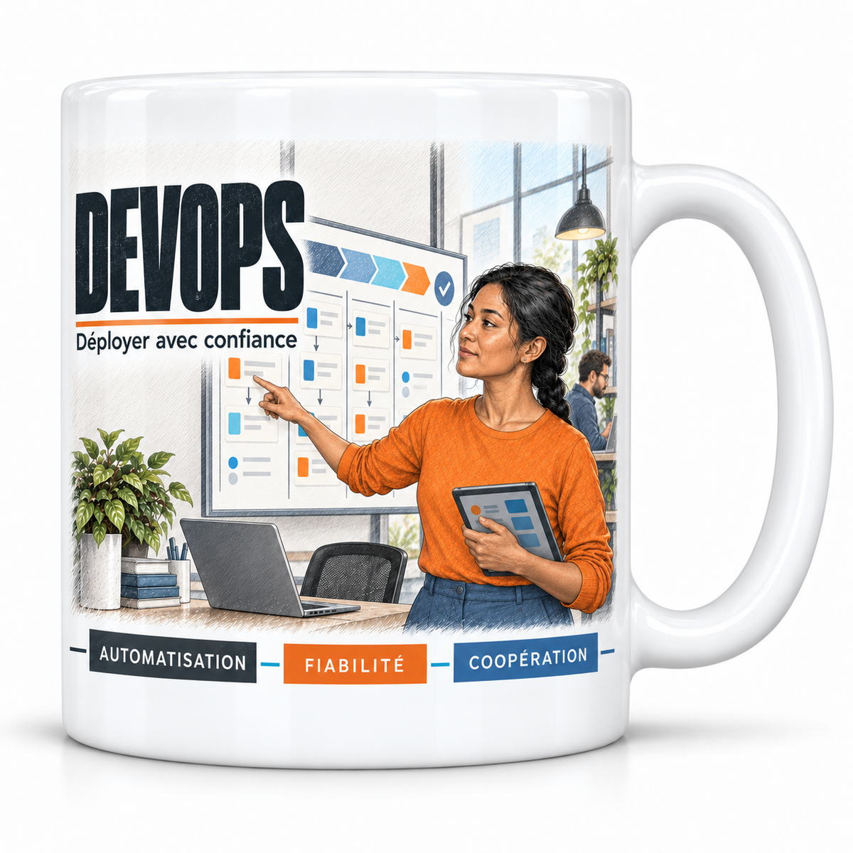 Mug céramique blanc DevOps Femme : l'ingénieure DevOps à la natte brune, devise Déployer avec confiance, cartouches Automatisation, Fiabilité, Coopération