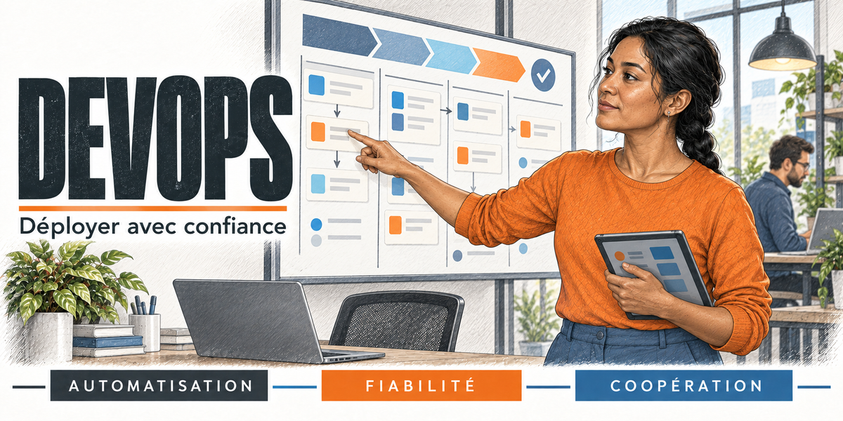 Design du mug DevOps Femme : titre en capitales noires, l'ingénieure DevOps à la natte brune, en pull orange, une tablette à la main, qui désigne les colonnes d'un tableau de déploiement épinglé au mur, un collègue au second plan, l'ordinateur portable et les plantes de l'open space, cartouches Automatisation, Fiabilité, Coopération