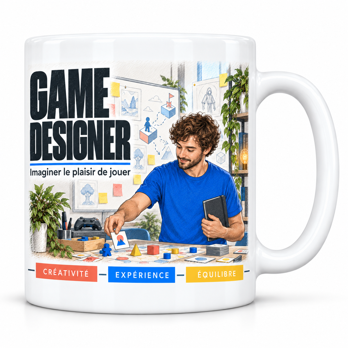 Mug céramique blanc Game Designer : le game designer aux boucles châtain, devise Imaginer le plaisir de jouer, cartouches Créativité, Expérience, Équilibre