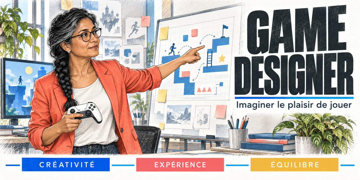Design du mug Game Designer Femme : titre en capitales noires, la game designer aux cheveux gris et lunettes, en veste corail, une manette blanche à la main, qui pointe un schéma de niveau au tableau, personnages et plateformes dessinés, l'écran de jeu et les pots de crayons du studio, cartouches Créativité, Expérience, Équilibre
