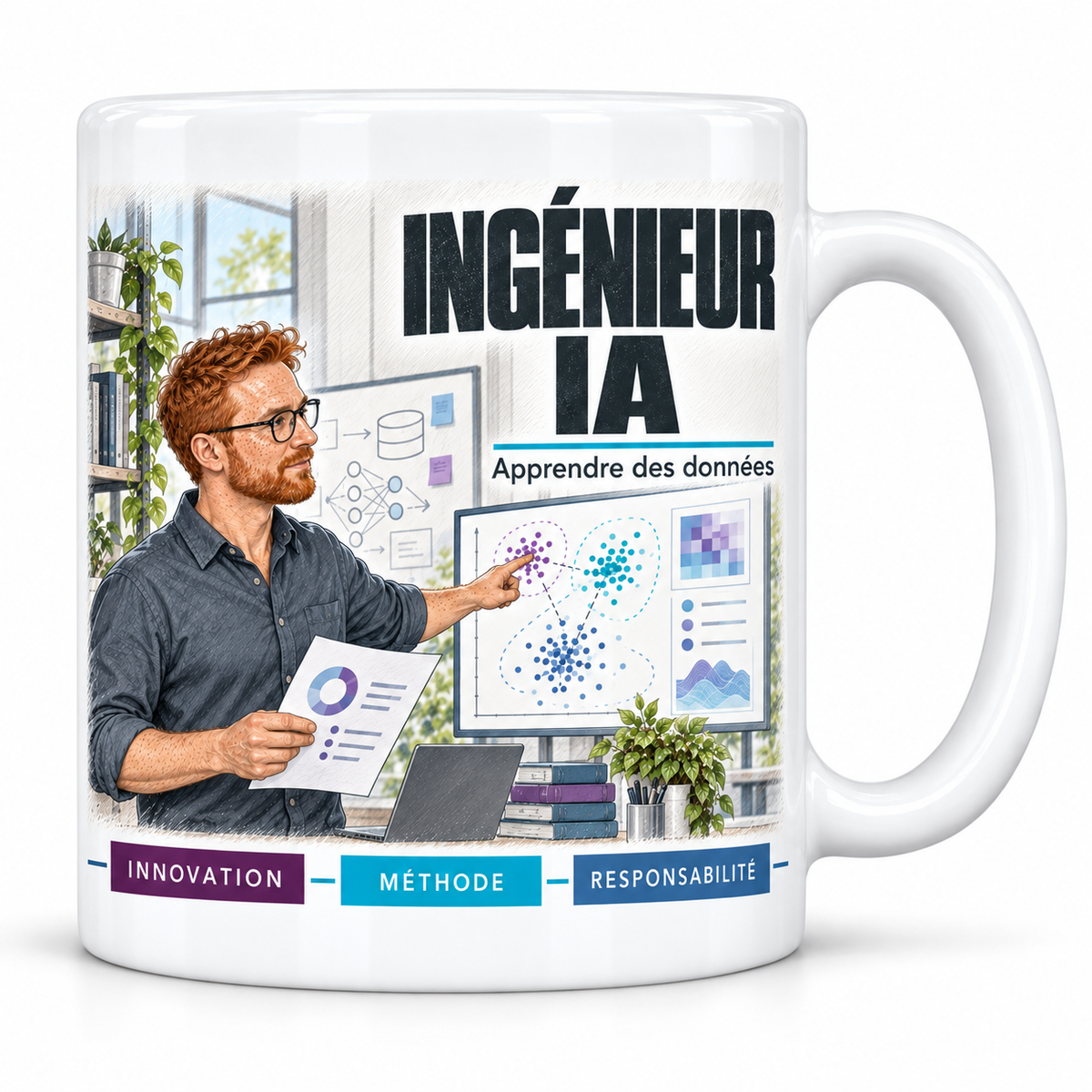 Mug céramique blanc Ingénieur IA : l'ingénieur IA roux à lunettes, devise Apprendre des données, cartouches Innovation, Méthode, Responsabilité
