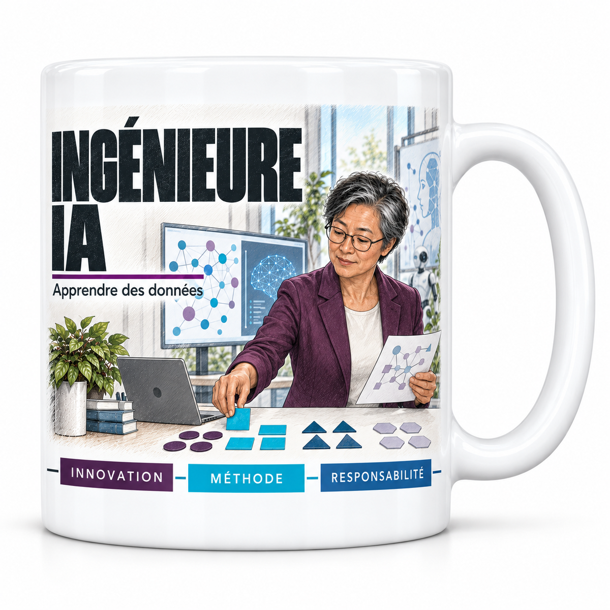 Mug céramique blanc Ingénieure IA : l'ingénieure IA aux cheveux poivre et sel et lunettes, devise Apprendre des données, cartouches Innovation, Méthode, Responsabilité