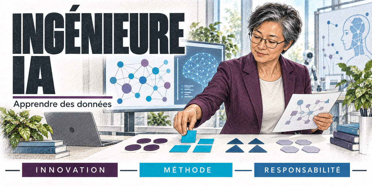 Design du mug Ingénieure IA : titre en capitales noires, l'ingénieure IA aux cheveux poivre et sel et lunettes, en blazer prune, qui dispose des formes colorées sur la table devant l'écran où s'affichent un réseau de neurones et un cerveau stylisé, une feuille de schéma à la main, cartouches Innovation, Méthode, Responsabilité