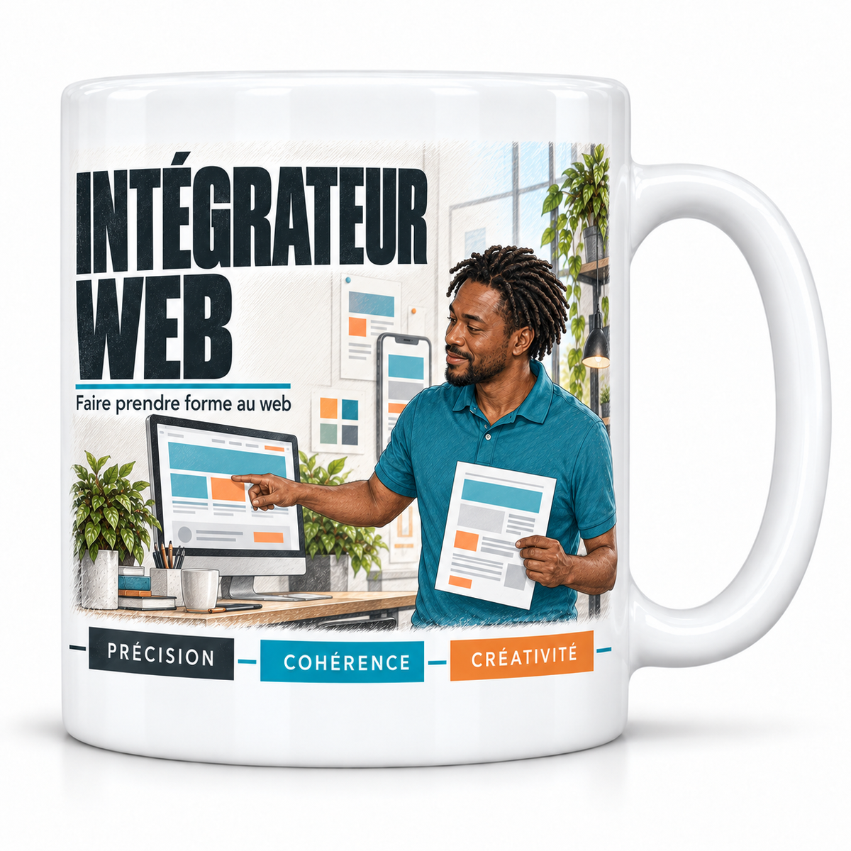 Mug céramique blanc Intégrateur Web : l'intégrateur web aux locks noires, devise Faire prendre forme au web, cartouches Précision, Cohérence, Créativité