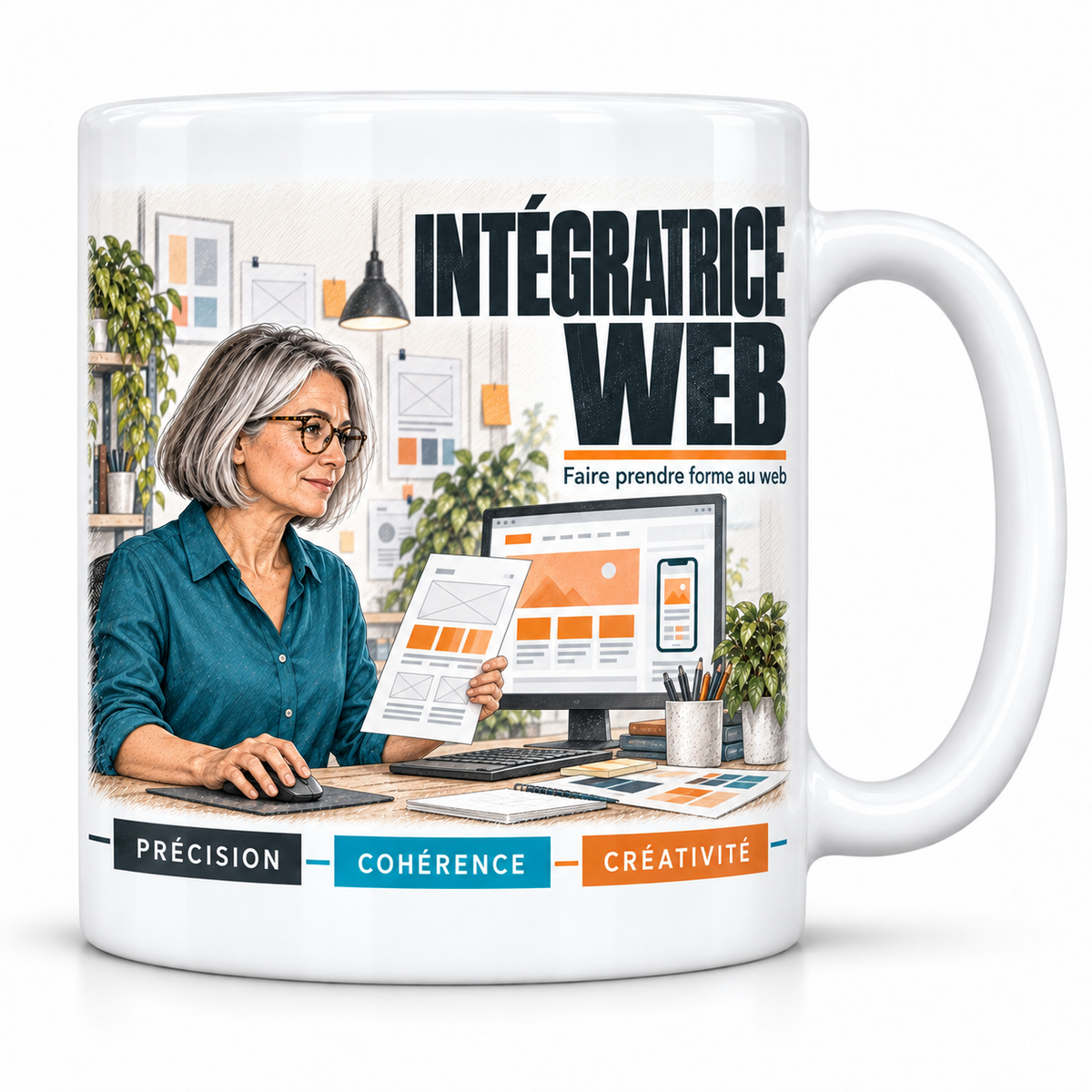 Mug céramique blanc Intégratrice Web : l'intégratrice web au carré gris et lunettes, devise Faire prendre forme au web, cartouches Précision, Cohérence, Créativité