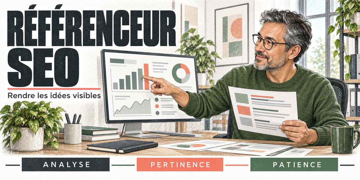 Design du mug Référenceur SEO : titre en capitales noires, le référenceur SEO aux tempes grises et lunettes, en pull vert sapin, des rapports imprimés à la main, qui pointe les histogrammes et le graphique en anneau de l'écran, le carnet, le mug vert et les plantes du bureau, cartouches Analyse, Pertinence, Patience