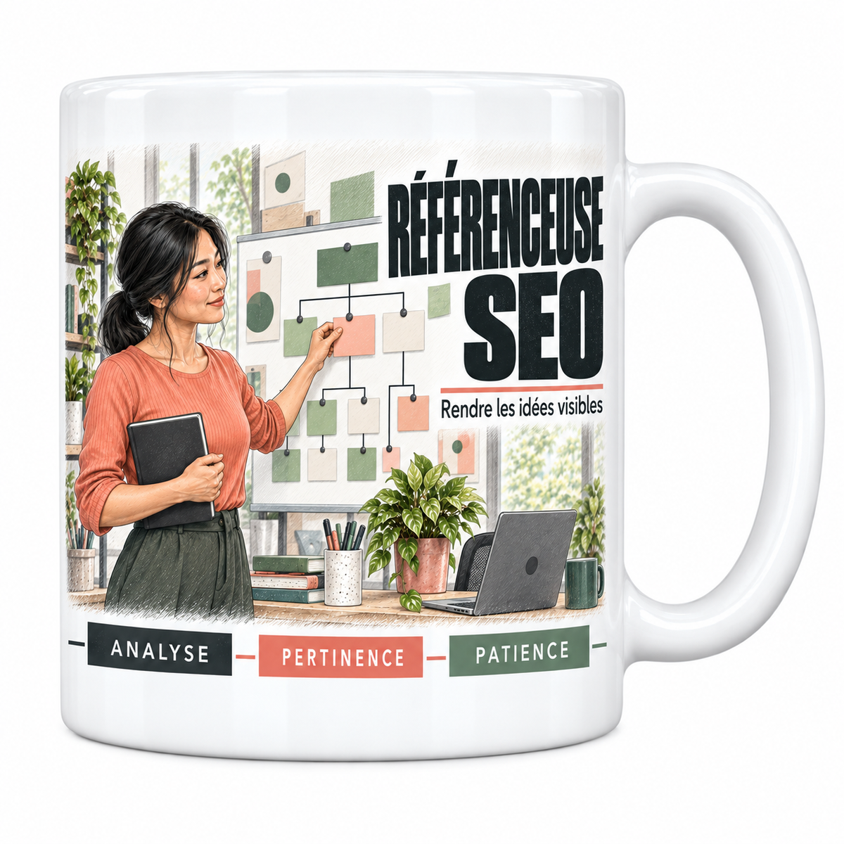 Mug céramique blanc Référenceuse SEO : la référenceuse SEO brune en haut corail, devise Rendre les idées visibles, cartouches Analyse, Pertinence, Patience