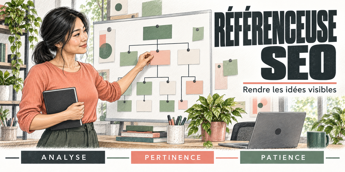 Design du mug Référenceuse SEO : titre en capitales noires, la référenceuse SEO brune en haut corail, un carnet contre elle, qui dessine l'arborescence d'un site avec des post-it verts et roses sur le tableau blanc, l'ordinateur portable et les plantes du bureau, cartouches Analyse, Pertinence, Patience