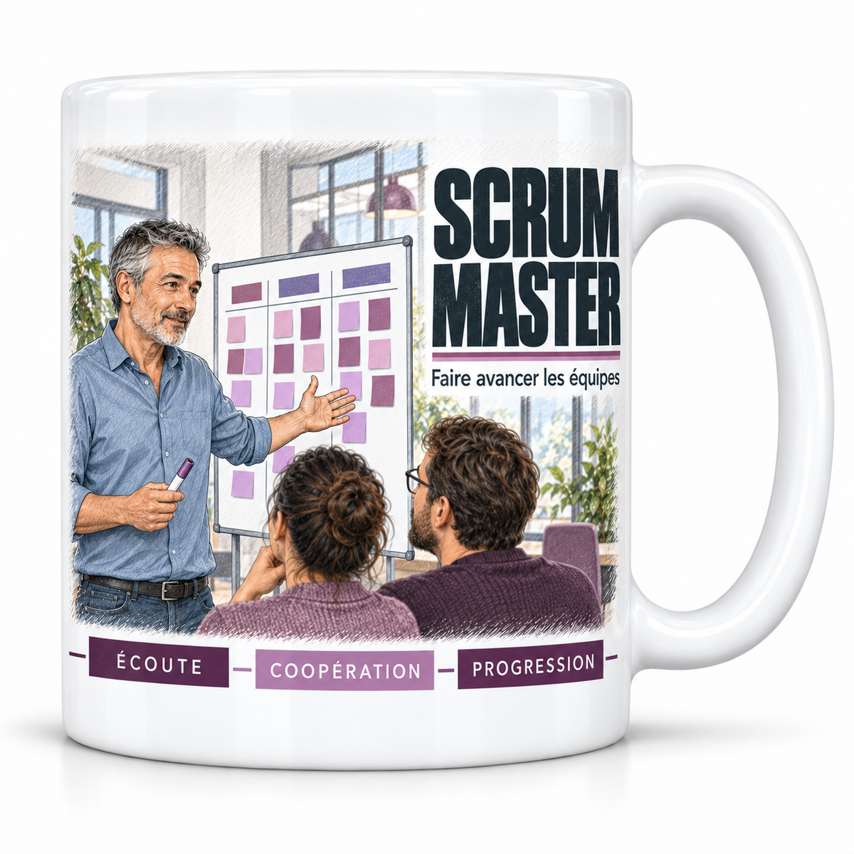 Mug céramique blanc Scrum Master : le scrum master aux cheveux gris en chemise bleue, devise Faire avancer les équipes, cartouches Écoute, Coopération, Progression