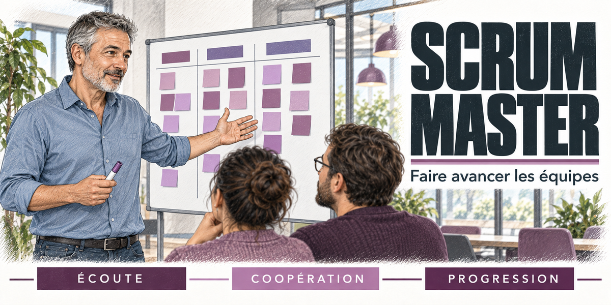 Design du mug Scrum Master : titre en capitales noires, le scrum master aux cheveux gris en chemise bleue, un marqueur à la main, qui présente à deux collègues de dos le tableau de post-it violets et roses d'un sprint, les baies vitrées et les plantes de l'open space, cartouches Écoute, Coopération, Progression