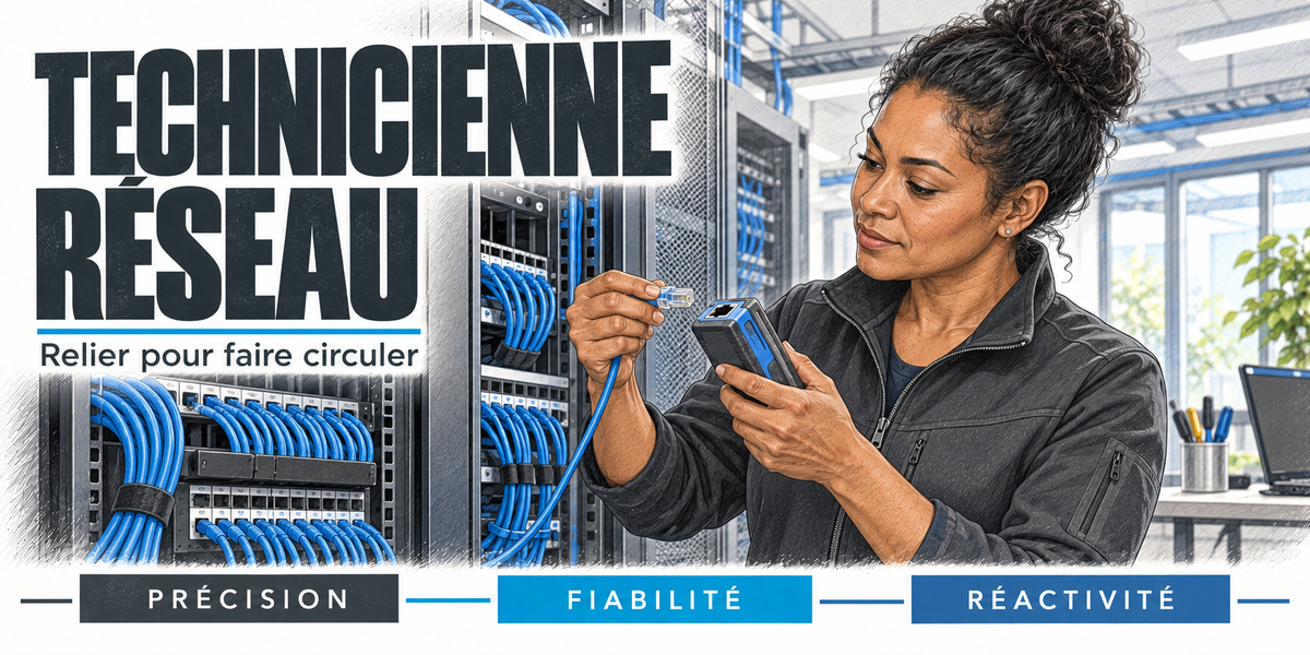 Design du mug Technicienne Réseau : titre en capitales noires, la technicienne réseau aux boucles brunes relevées, en veste de travail gris anthracite, un câble bleu et un boîtier de test en main devant la baie aux faisceaux de câbles bleus, les baies vitrées de la salle serveurs derrière elle, cartouches Précision, Fiabilité, Réactivité