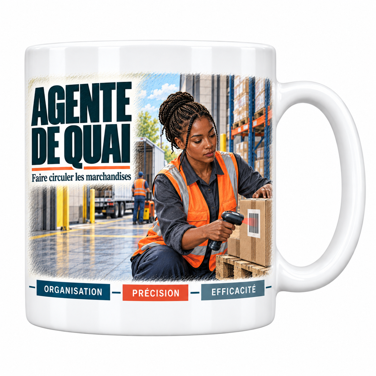 Mug céramique blanc Agente de Quai : l'agente de quai aux tresses relevées, devise Faire circuler les marchandises, cartouches Organisation, Précision, Efficacité