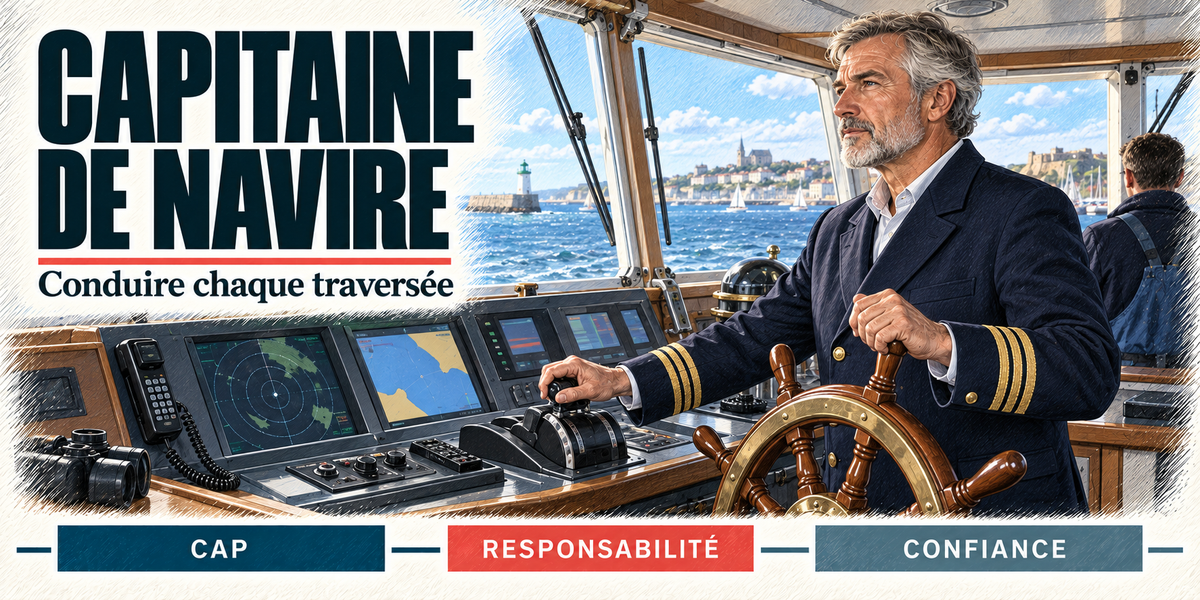 Design du mug Capitaine de Navire : titre en grandes capitales bleu nuit, le capitaine aux cheveux gris et à la barbe courte, en vareuse bleu marine à galons dorés, une main sur la barre à roue en bois de la passerelle, écrans radar et cartes devant lui, le port et son phare par la vitre, cartouches Cap, Responsabilité, Confiance