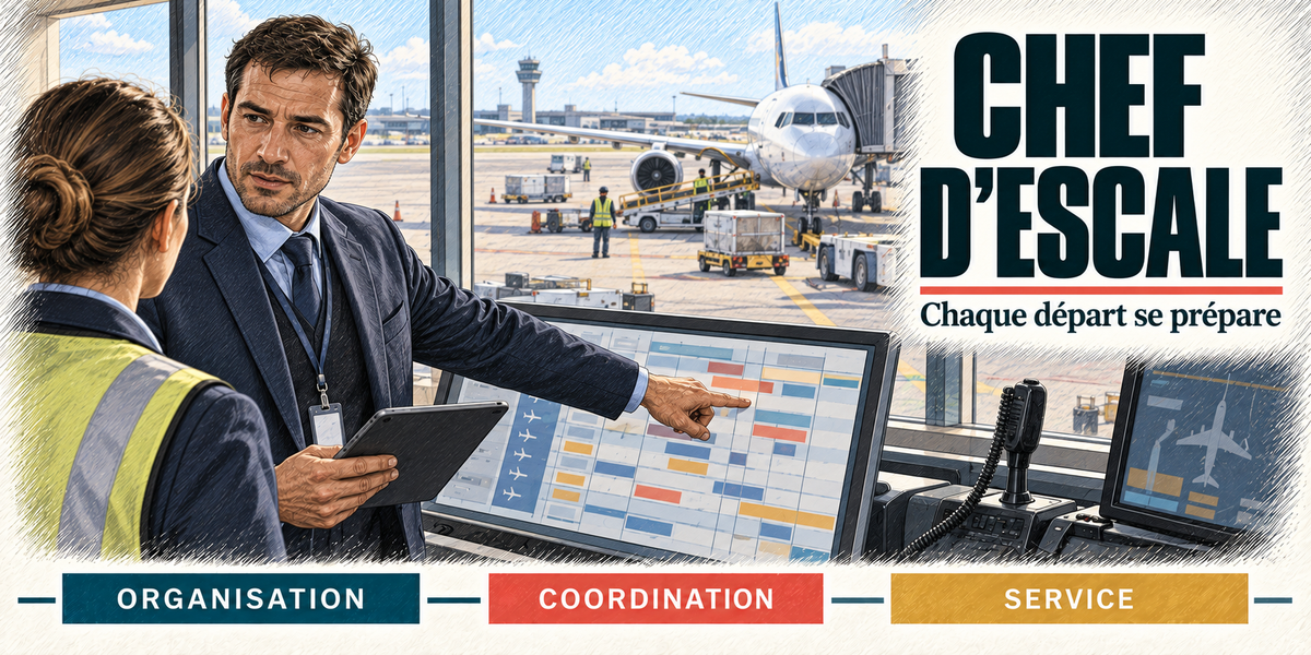 Design du mug Chef d'Escale : titre en grandes capitales bleu nuit, le chef d'escale en costume bleu marine et badge, tablette à la main, qui désigne le planning des vols à l'écran à une collègue en gilet jaune, l'avion au contact de la passerelle et la tour de contrôle par la baie vitrée, cartouches Organisation, Coordination, Service