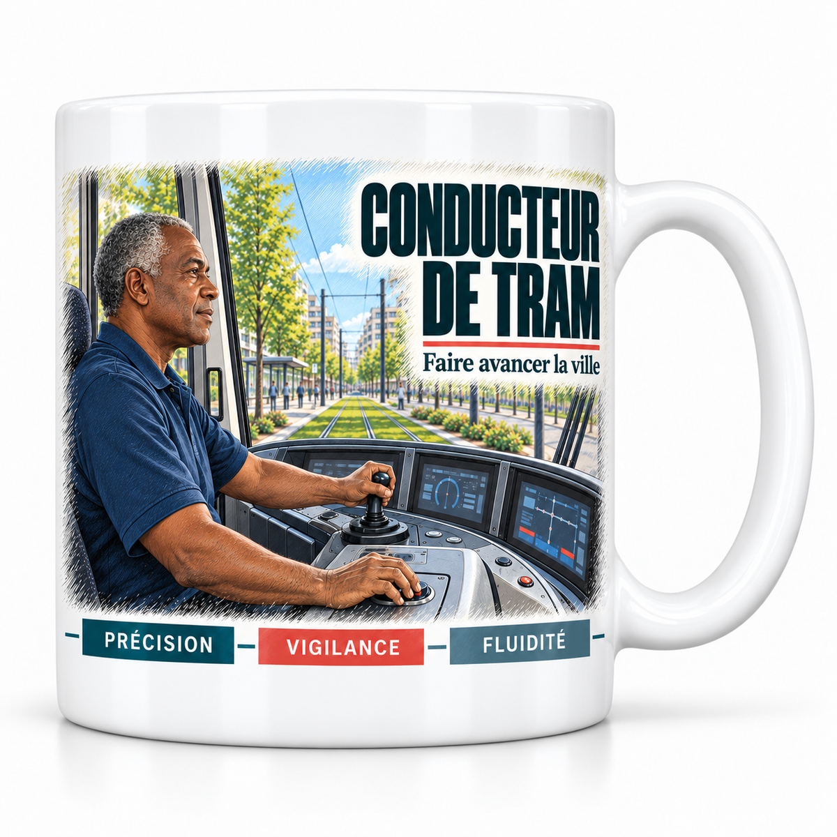 Mug céramique blanc Conducteur de Tram : le conducteur de tram aux cheveux gris, devise Faire avancer la ville, cartouches Précision, Vigilance, Fluidité