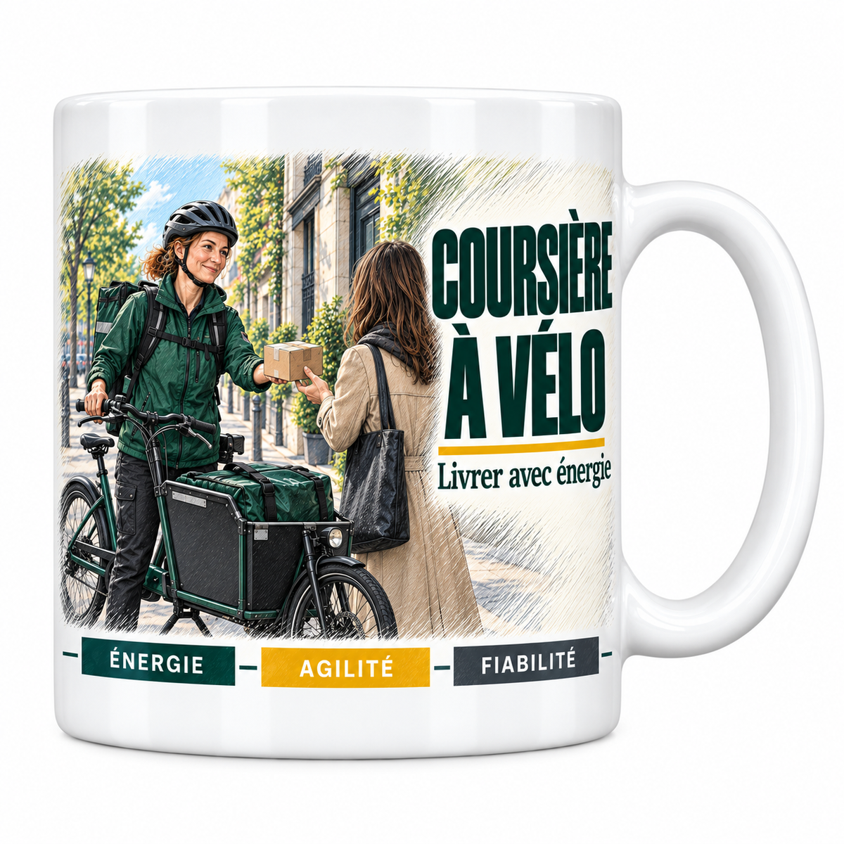 Mug céramique blanc Coursière à Vélo : la coursière à vélo en veste vert sapin et casque, devise Livrer avec énergie, cartouches Énergie, Agilité, Fiabilité