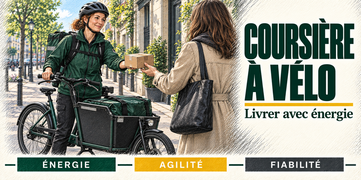 Design du mug Coursière à Vélo : titre en grandes capitales bleu nuit, la coursière à vélo en veste vert sapin et casque, qui tend un colis à une cliente sur le trottoir, son vélo-cargo à caisse noire et sacoche verte à côté d'elle, devant les façades de la rue, cartouches Énergie, Agilité, Fiabilité