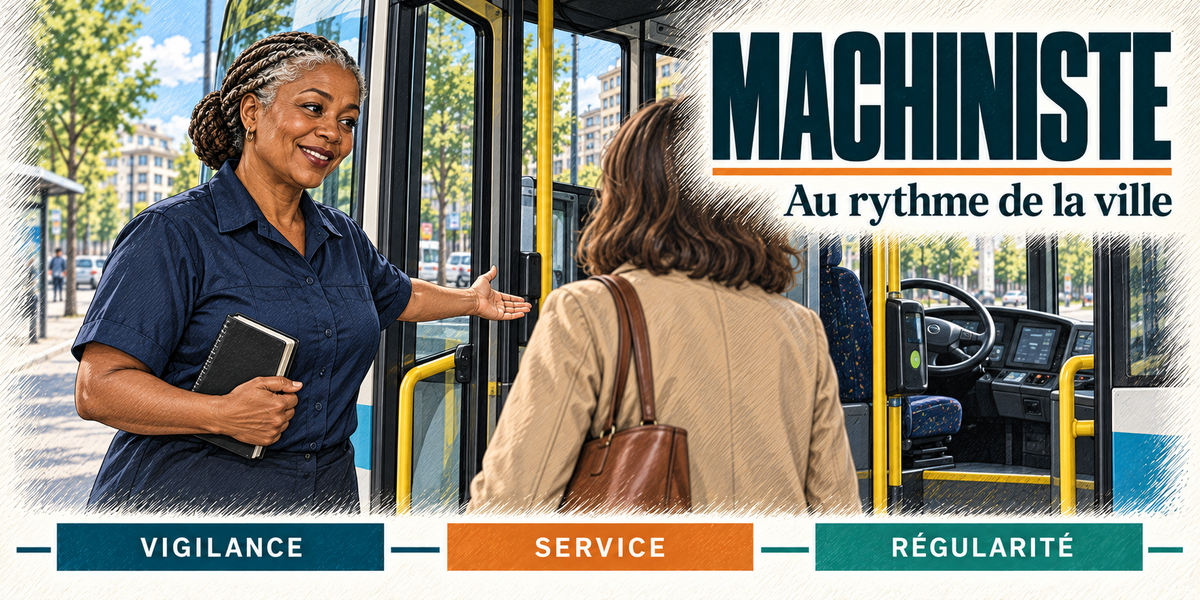Design du mug Machiniste Femme : titre en grandes capitales bleu nuit, la machiniste aux tresses grises relevées, en chemise bleu marine, debout à la porte de son bus aux barres jaunes, carnet à la main, qui accueille une voyageuse d'un geste du bras, cartouches Vigilance, Service, Régularité