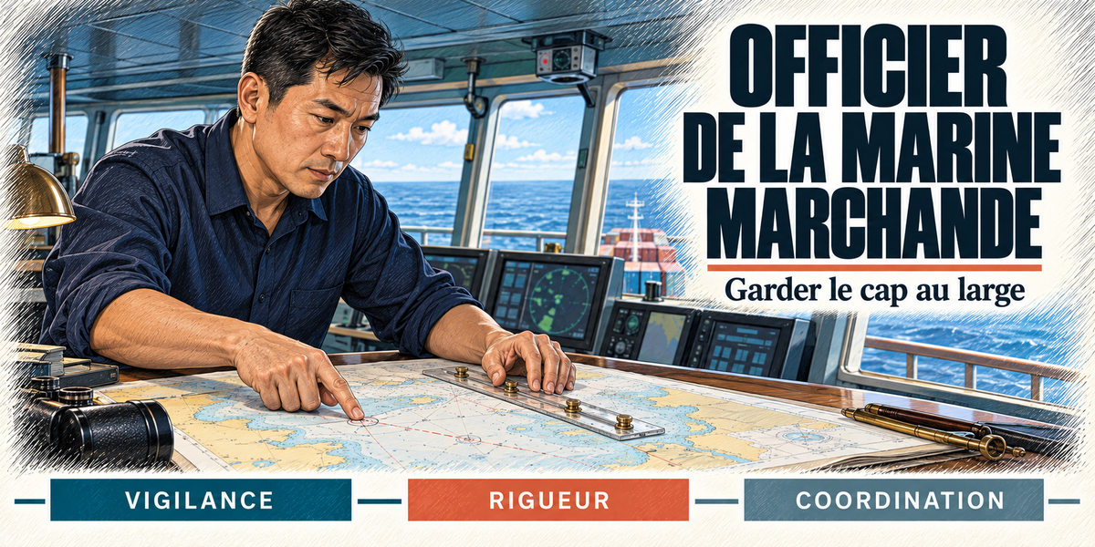 Design du mug Officier de la Marine Marchande : titre en grandes capitales bleu nuit, l'officier de la marine marchande brun, en chemise bleu marine, penché sur la carte marine de la table à cartes, règle et compas à pointes sèches à la main, les écrans de passerelle et le porte-conteneurs par la vitre, cartouches Vigilance, Rigueur, Coordination