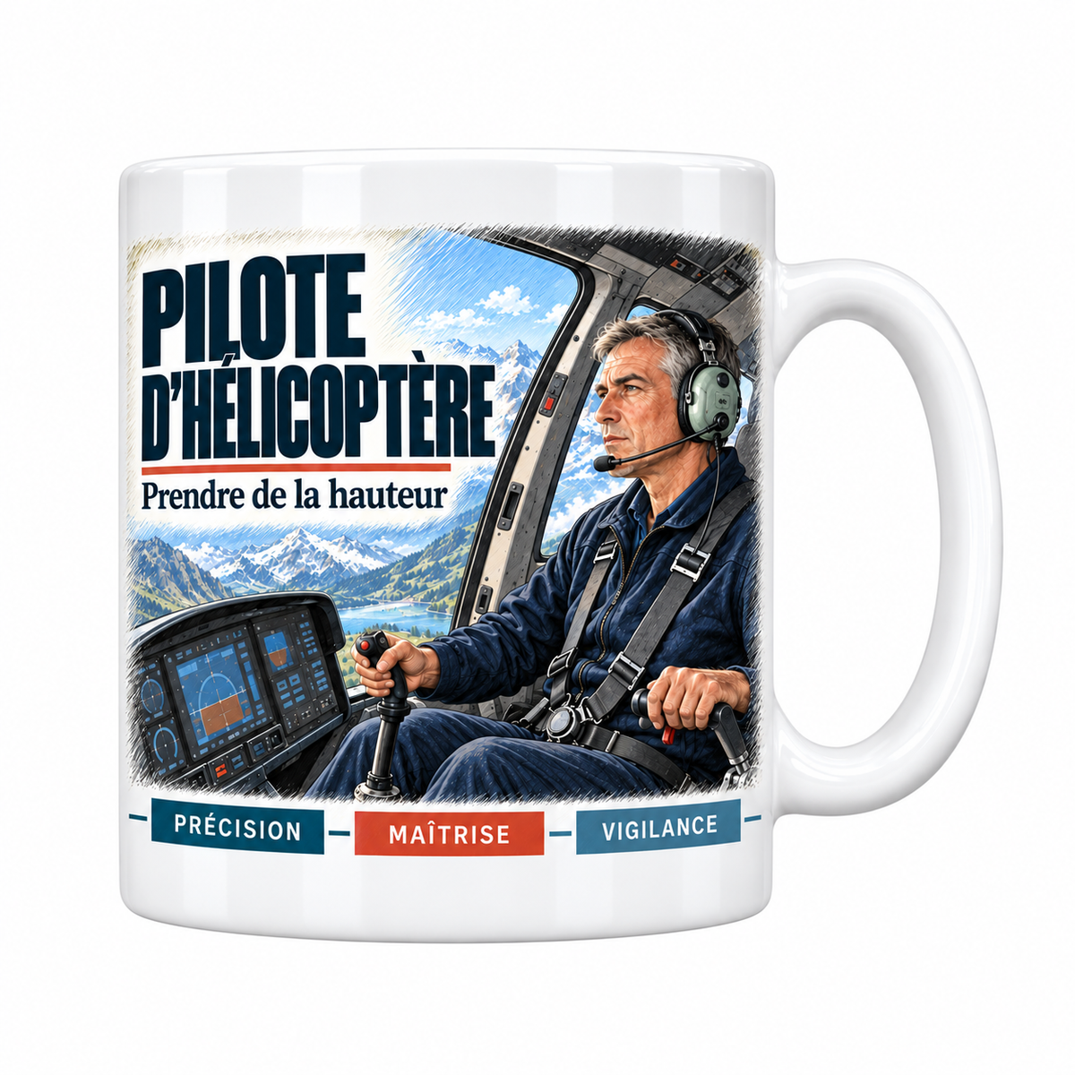 Mug céramique blanc Pilote d'Hélicoptère : le pilote d'hélicoptère aux cheveux gris, devise Prendre de la hauteur, cartouches Précision, Maîtrise, Vigilance