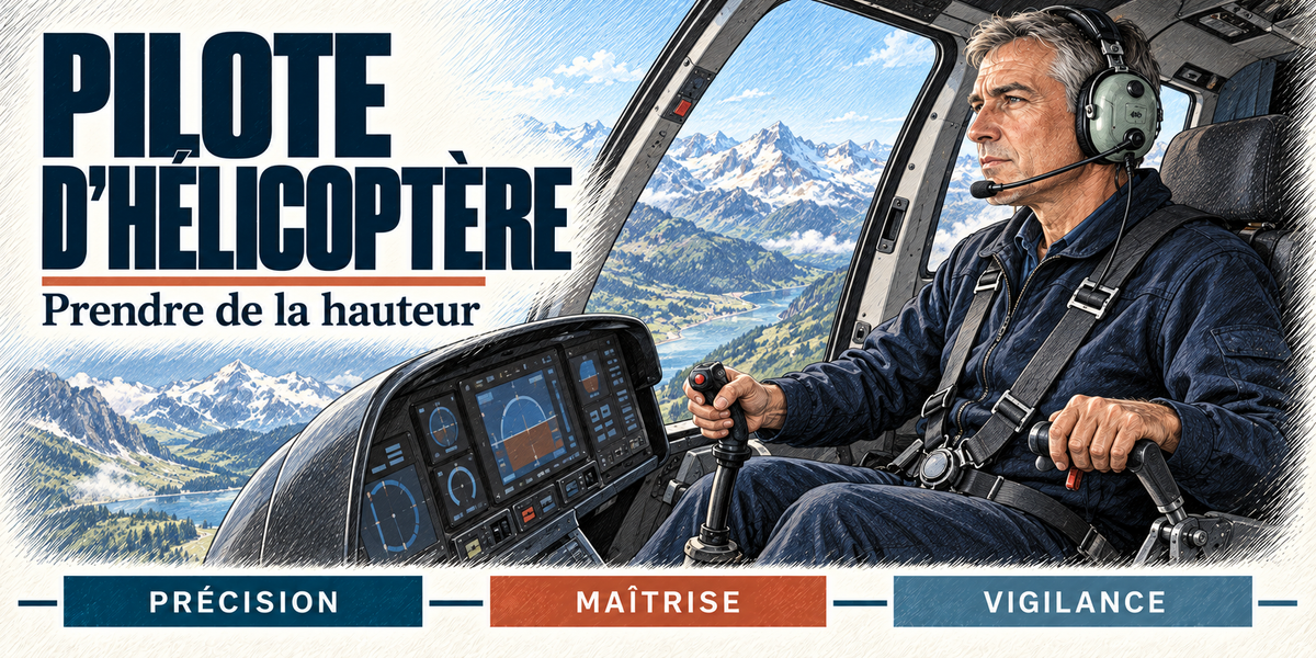 Design du mug Pilote d'Hélicoptère : titre en grandes capitales bleu nuit, le pilote d'hélicoptère aux cheveux gris, casque-micro sur les oreilles, en combinaison bleu marine et harnais, les mains sur le cyclique et le collectif, les sommets enneigés et le lac par la verrière, cartouches Précision, Maîtrise, Vigilance