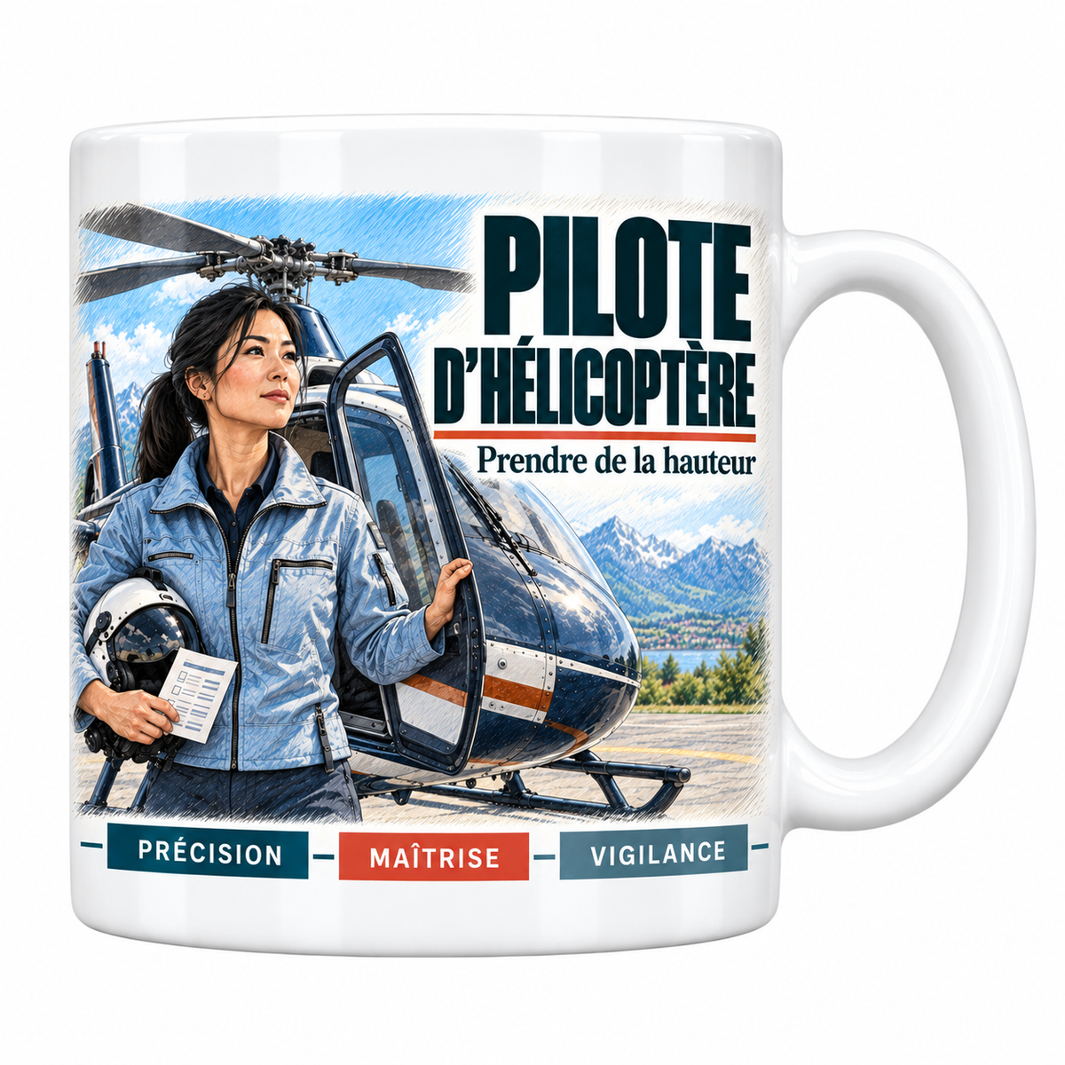 Mug céramique blanc Pilote d'Hélicoptère Femme : la pilote d'hélicoptère brune à la queue de cheval, devise Prendre de la hauteur, cartouches Précision, Maîtrise, Vigilance