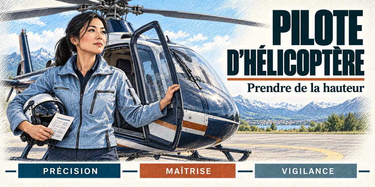Design du mug Pilote d'Hélicoptère Femme : titre en grandes capitales bleu nuit, la pilote d'hélicoptère brune à la queue de cheval, en blouson de vol bleu ciel, casque blanc sous le bras et check-list à la main, debout à la porte ouverte de son hélicoptère bleu marine sur le tarmac, les montagnes à l'horizon, cartouches Précision, Maîtrise, Vigilance