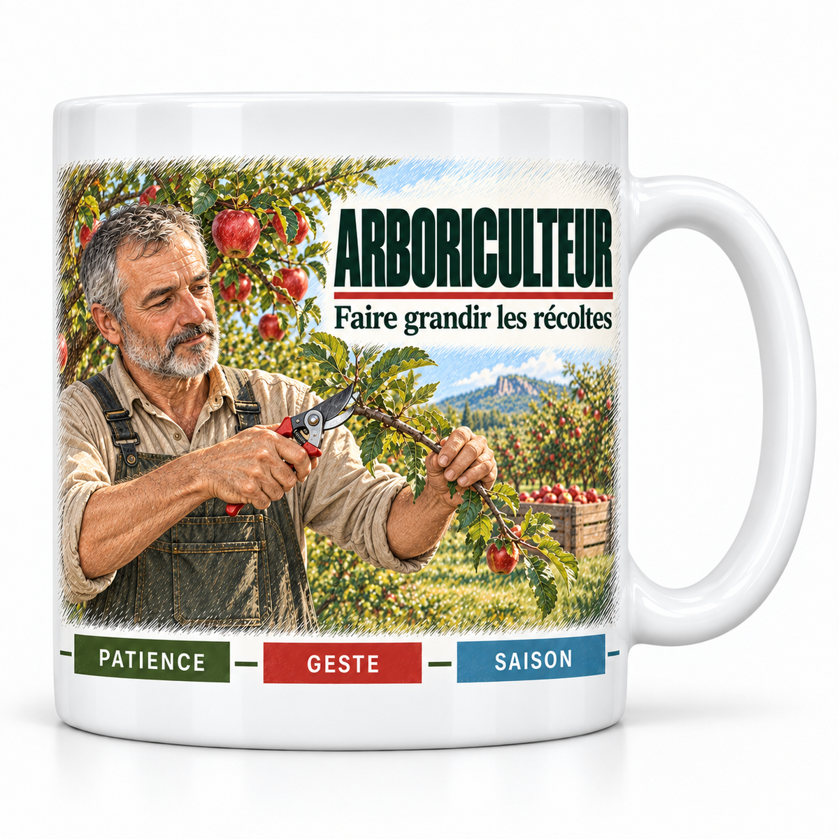 Mug céramique blanc Arboriculteur : l'arboriculteur à la barbe grise, devise Faire grandir les récoltes, cartouches Patience, Geste, Saison
