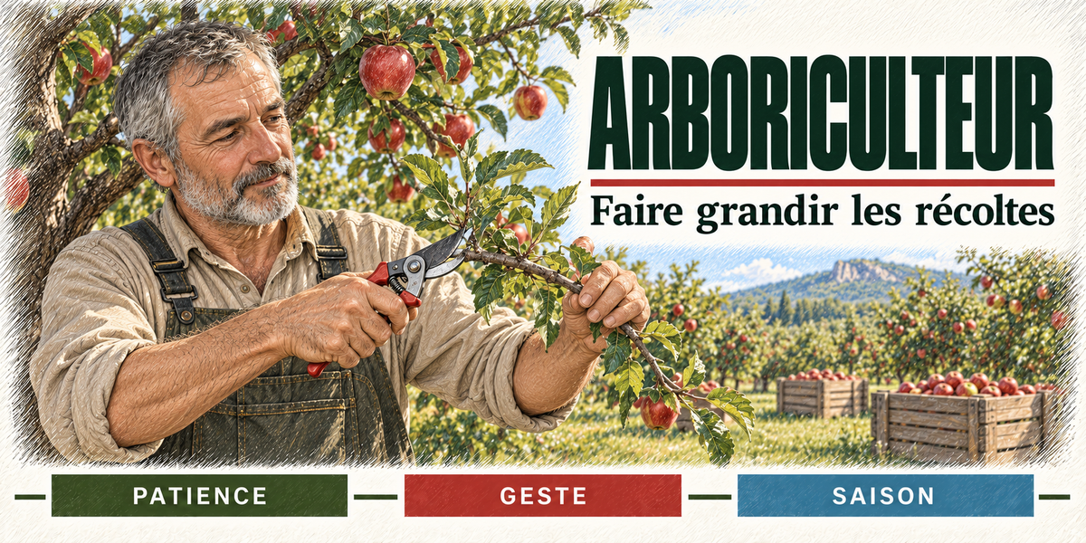 Design du mug Arboriculteur : titre en grandes capitales vert sapin, l'arboriculteur à la barbe grise, chemise beige et salopette verte, qui taille au sécateur une branche de pommier chargée de pommes rouges, les cagettes pleines et les collines du verger derrière lui, cartouches Patience, Geste, Saison
