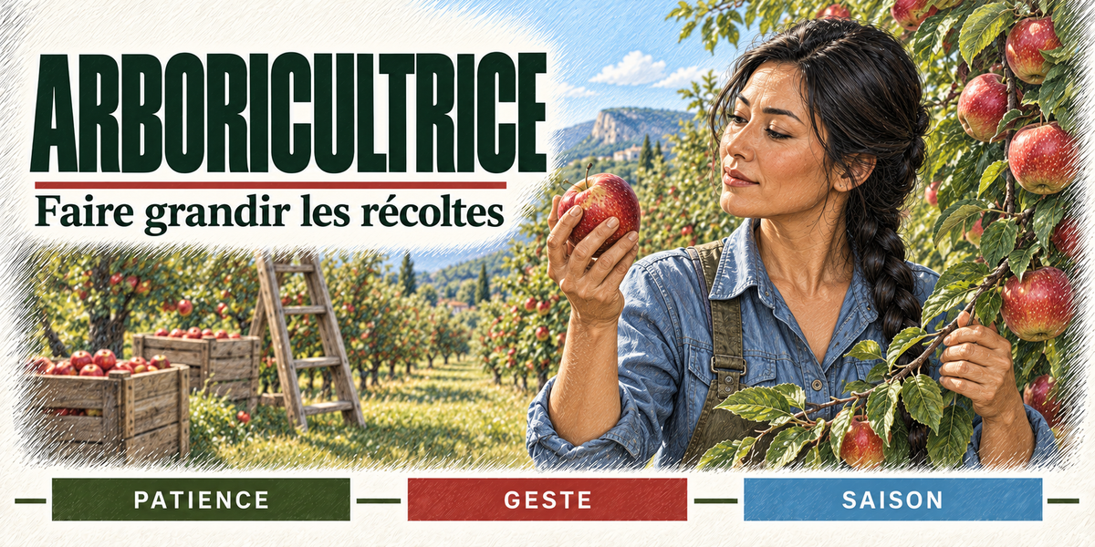 Design du mug Arboricultrice : titre en grandes capitales vert sapin, l'arboricultrice brune à la tresse, chemise en jean et salopette, une pomme rouge dans la main sous la branche, l'échelle de cueillette et les cagettes de pommes dans l'allée du verger, cartouches Patience, Geste, Saison