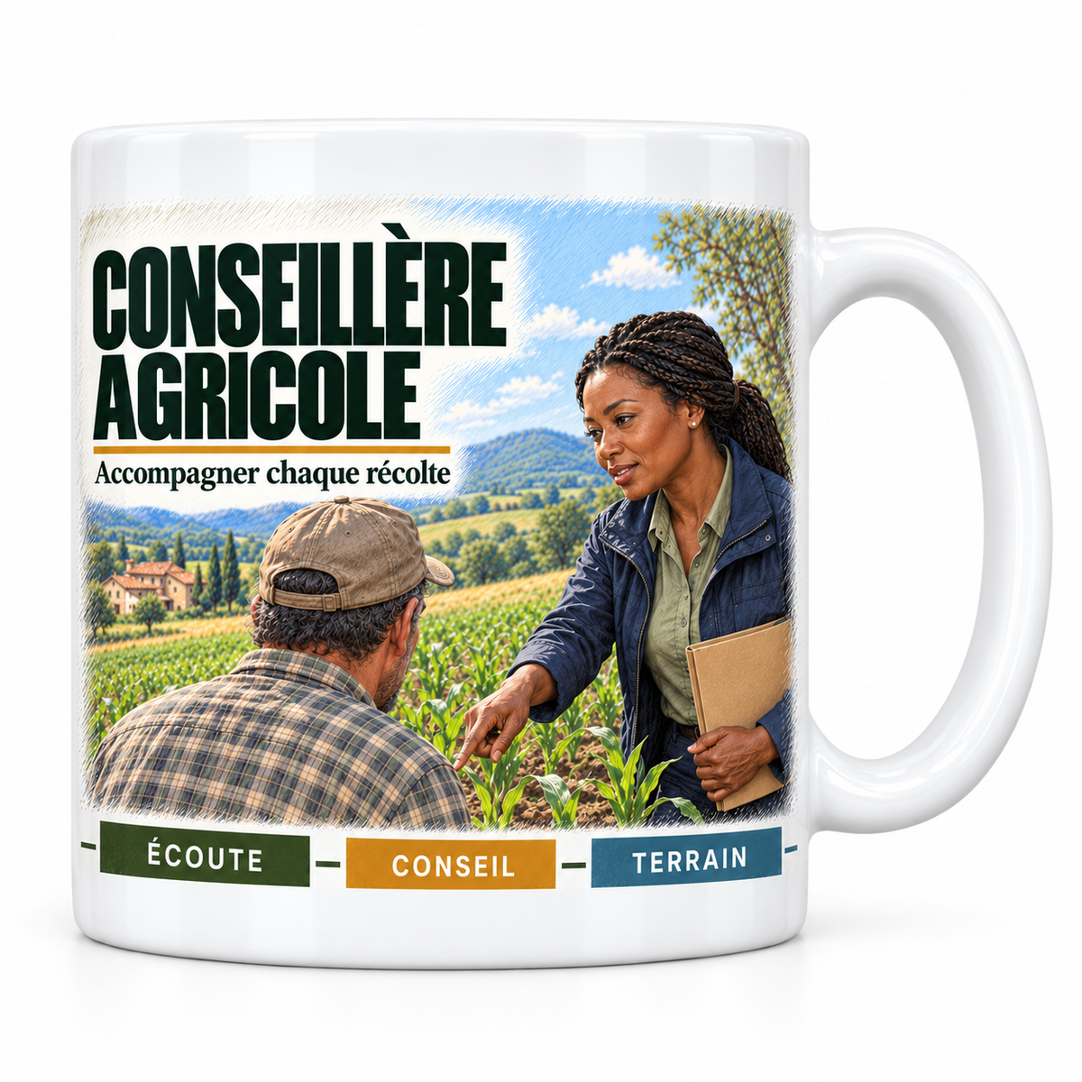 Mug céramique blanc Conseillère Agricole : la conseillère agricole aux tresses, devise Accompagner chaque récolte, cartouches Écoute, Conseil, Terrain