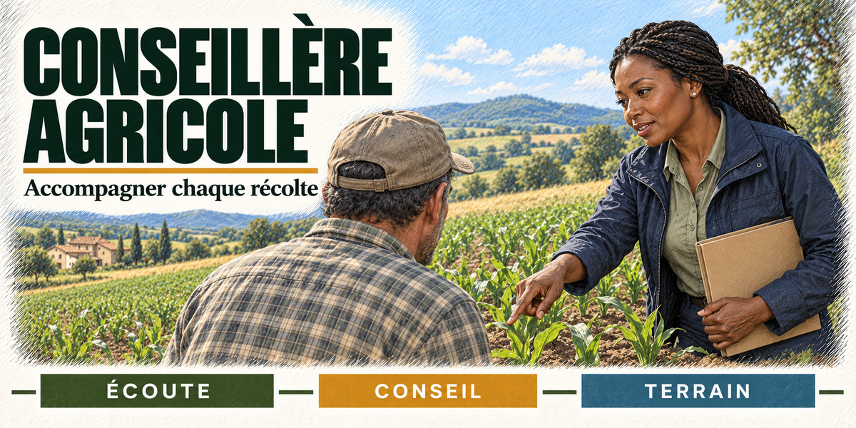 Design du mug Conseillère Agricole : titre en grandes capitales vert sapin, la conseillère agricole aux tresses, veste bleu marine et dossier sous le bras, accroupie dans les jeunes plants face à l'agriculteur en chemise à carreaux, les champs et les collines derrière eux, cartouches Écoute, Conseil, Terrain