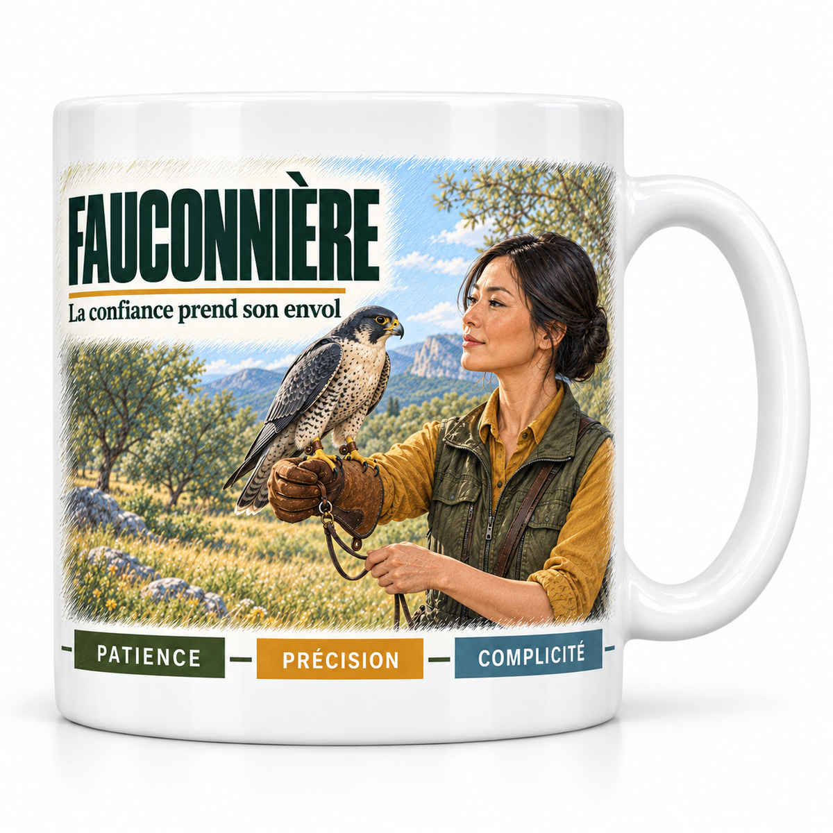 Mug céramique blanc Fauconnière : la fauconnière en gilet kaki sur chemise moutarde, devise La confiance prend son envol, cartouches Patience, Précision, Complicité