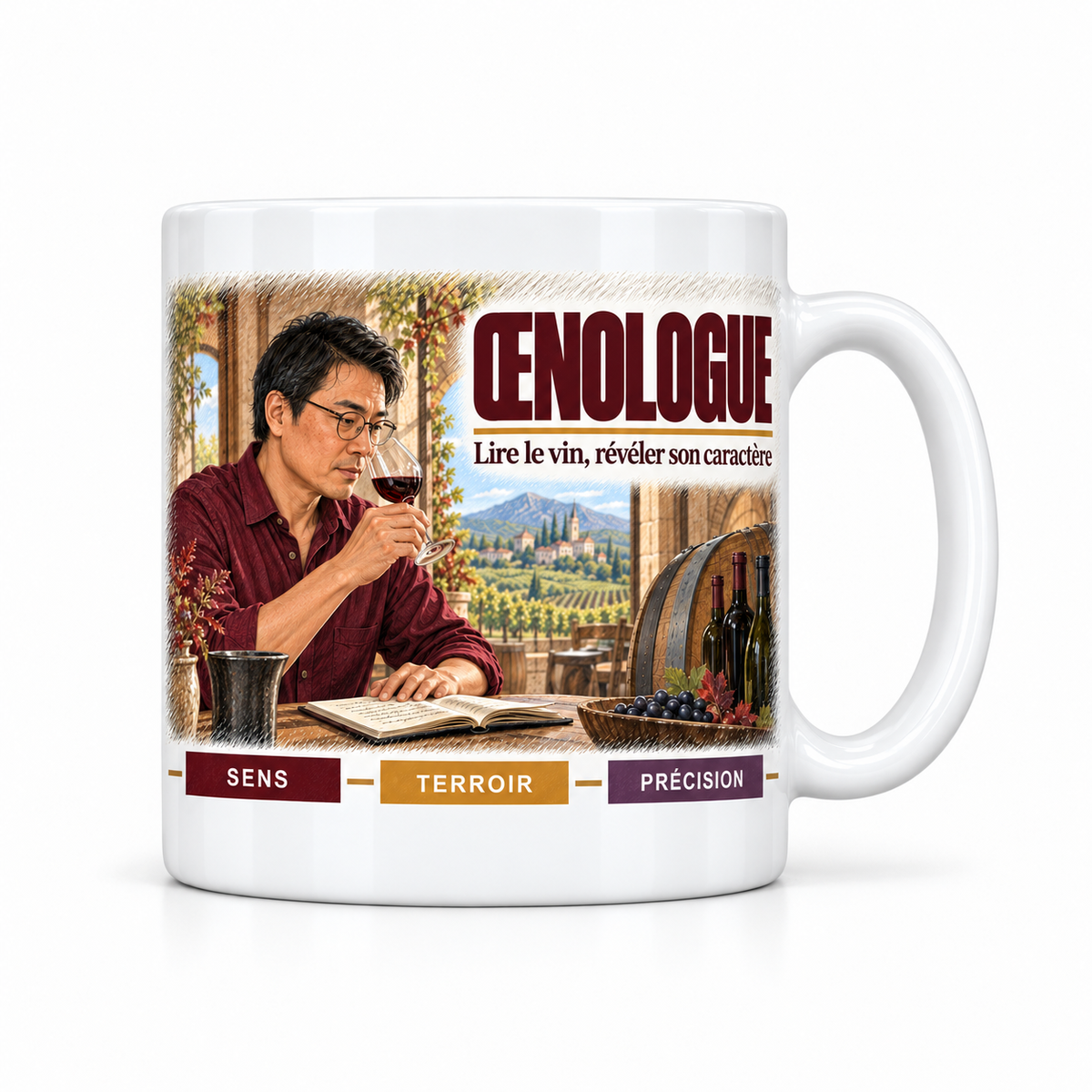 Mug céramique blanc Œnologue : l'œnologue à lunettes, devise Lire le vin, révéler son caractère, cartouches Sens, Terroir, Précision