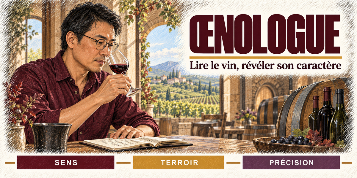 Design du mug Œnologue : titre en grandes capitales bordeaux, l'œnologue à lunettes, chemise bordeaux, le verre de vin rouge au nez, carnet ouvert et crachoir devant lui, les fûts, les bouteilles et la grappe noire sur la table, les vignes par la fenêtre du chai, cartouches Sens, Terroir, Précision