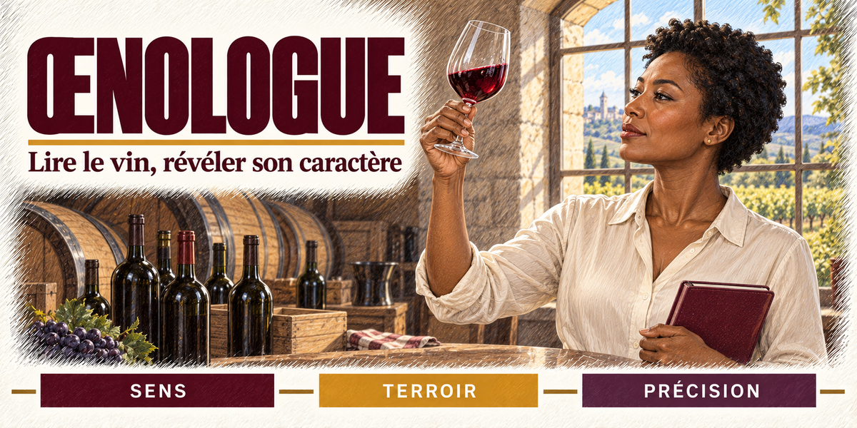 Design du mug Œnologue Femme : titre en grandes capitales bordeaux, l'œnologue aux cheveux courts, chemise blanche, qui lève son verre de rouge à la lumière de la fenêtre, carnet rouge sous le bras, les fûts, les bouteilles et le raisin noir du chai derrière elle, cartouches Sens, Terroir, Précision