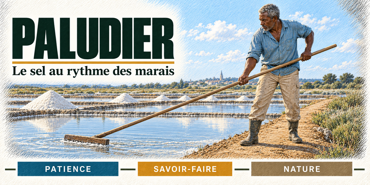 Design du mug Paludier : titre en grandes capitales vert sapin, le paludier aux cheveux gris, chemise bleue et bottes, qui tire le gros sel au las, le long manche de bois tendu au-dessus de l'œillet, les mulons de sel blanc et le clocher au loin, cartouches Patience, Savoir-faire, Nature