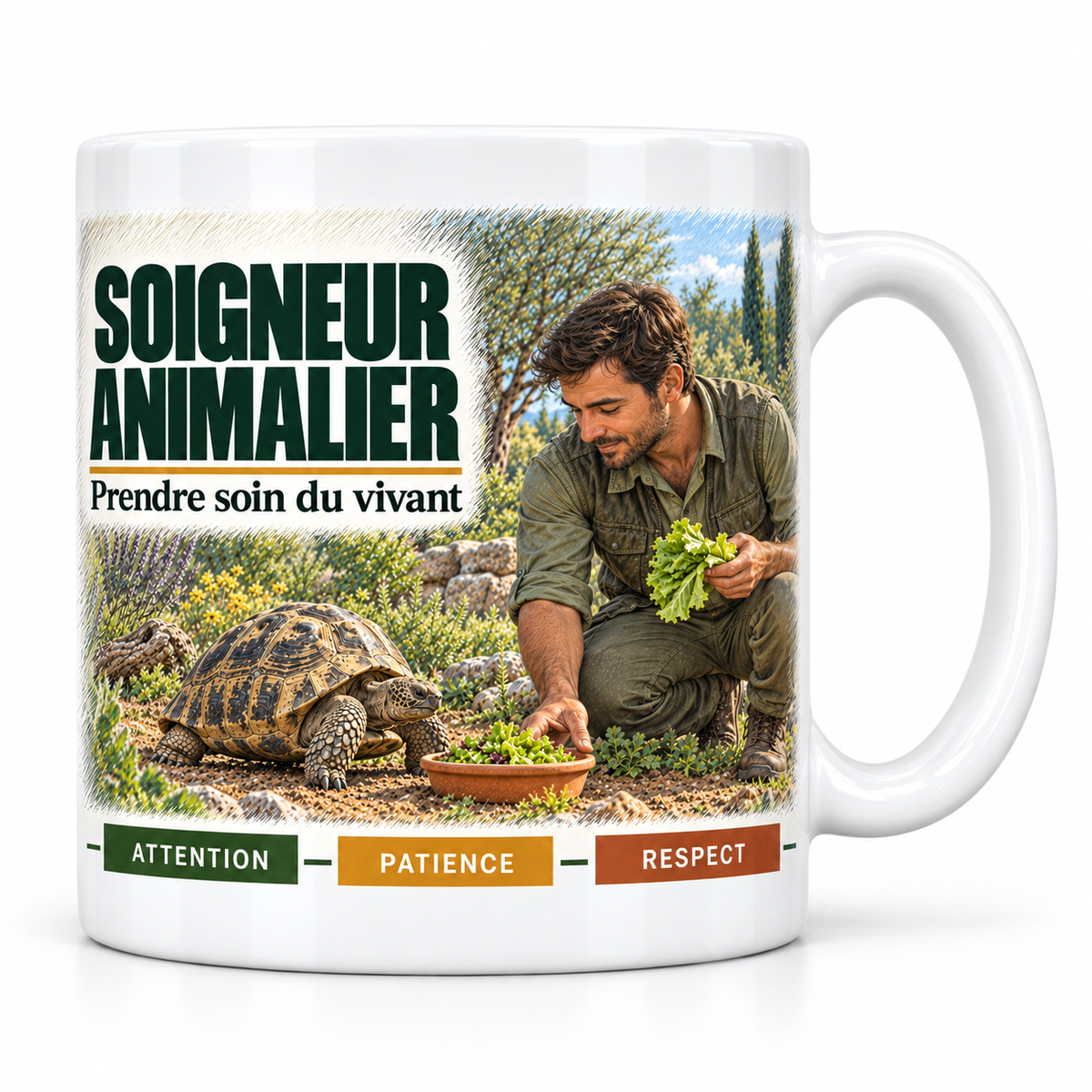 Mug céramique blanc Soigneur Animalier : le soigneur animalier brun à la barbe courte, devise Prendre soin du vivant, cartouches Attention, Patience, Respect