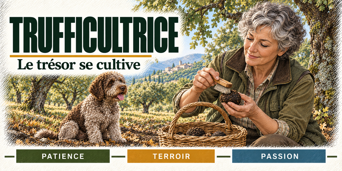 Design du mug Trufficultrice : titre en grandes capitales vert sapin, la trufficultrice aux cheveux gris, veste verte, qui brosse une truffe noire au-dessus de son panier, le chien truffier assis à ses pieds, les chênes et les collines du plateau derrière elle, cartouches Patience, Terroir, Passion