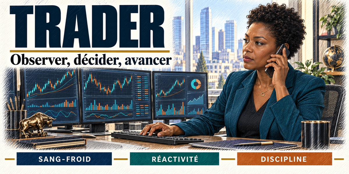 Design du mug Trader Femme : titre en grandes capitales bleu nuit, la trader aux cheveux courts bouclés, en blazer bleu pétrole, téléphone à l'oreille et main sur le clavier, trois écrans de courbes et de chandeliers, la statuette de taureau doré et les gratte-ciel derrière elle, cartouches Sang-froid, Réactivité, Discipline