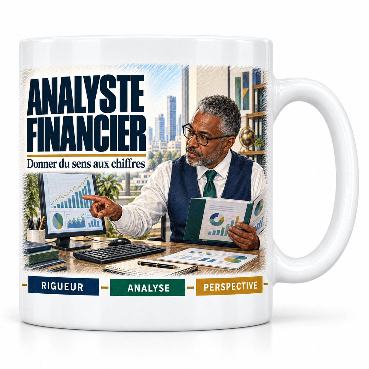 Mug céramique blanc Analyste Financier : l'analyste financier aux cheveux gris et à lunettes, devise Donner du sens aux chiffres, cartouches Rigueur, Analyse, Perspective