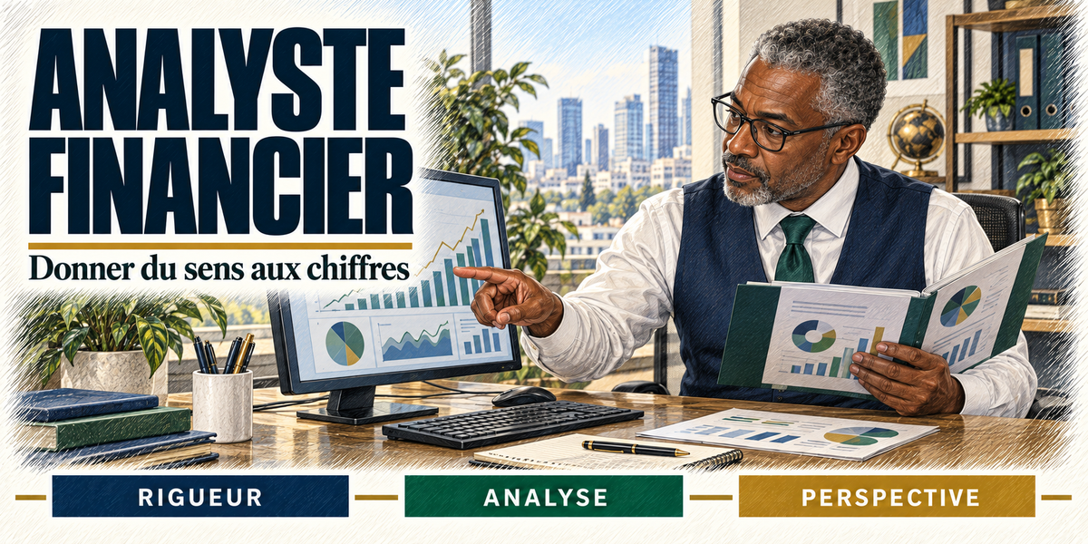 Design du mug Analyste Financier : titre en grandes capitales bleu nuit, l'analyste financier aux cheveux gris et à lunettes, gilet bleu marine sur chemise blanche et cravate verte, le doigt sur un écran d'histogrammes, un dossier de graphiques ouvert dans l'autre main, les gratte-ciel par la baie vitrée, cartouches Rigueur, Analyse, Perspective