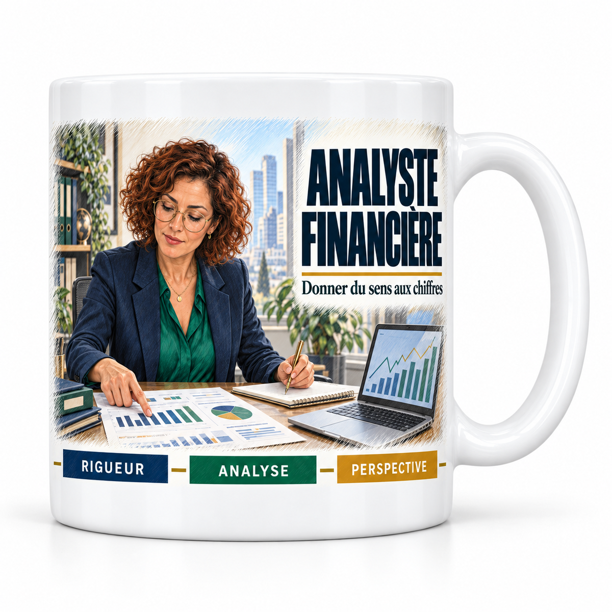 Mug céramique blanc Analyste Financière : l'analyste financière rousse aux boucles et à lunettes, devise Donner du sens aux chiffres, cartouches Rigueur, Analyse, Perspective