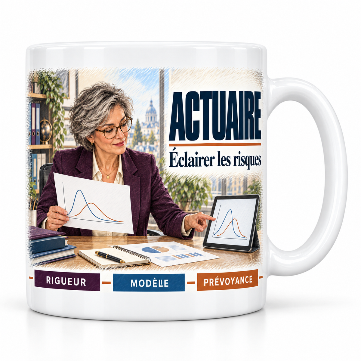 Mug céramique blanc Actuaire Femme : l'actuaire aux cheveux gris et à lunettes, devise Éclairer les risques, cartouches Rigueur, Modèle, Prévoyance