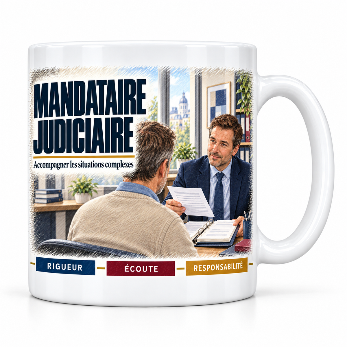 Mug céramique blanc Mandataire Judiciaire : le mandataire judiciaire brun en costume bleu et cravate, devise Accompagner les situations complexes, cartouches Rigueur, Écoute, Responsabilité