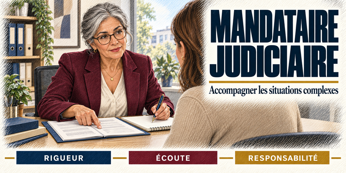 Design du mug Mandataire Judiciaire Femme : titre en grandes capitales bleu nuit, la mandataire judiciaire aux cheveux gris et à lunettes, blazer bordeaux, stylo et carnet en main sur le dossier ouvert, face à une femme de dos en pull beige, classeurs et ville par la fenêtre, cartouches Rigueur, Écoute, Responsabilité
