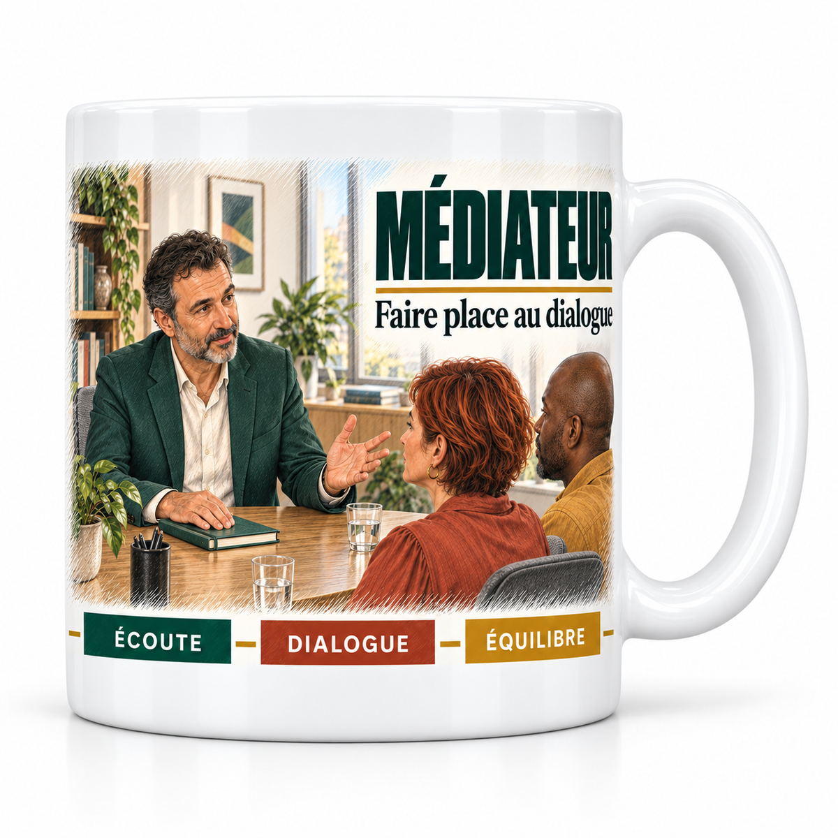 Mug céramique blanc Médiateur : le médiateur à la barbe grise, devise Faire place au dialogue, cartouches Écoute, Dialogue, Équilibre